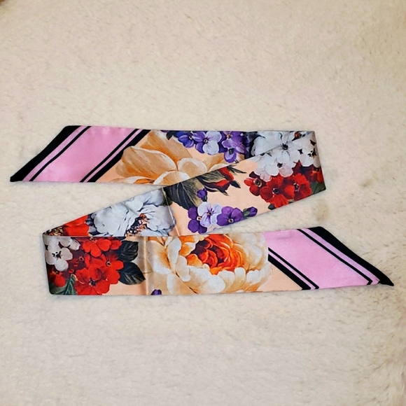 New Floral Print Satin Skinny Scarf Twilly - Picture 1 of 4